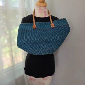 Vintage RETRO boho Sisal Jute Bag BLUE OMBRE